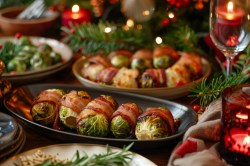 Platte mit Rosenkohl im Speckmantel auf festlicher Tafel.