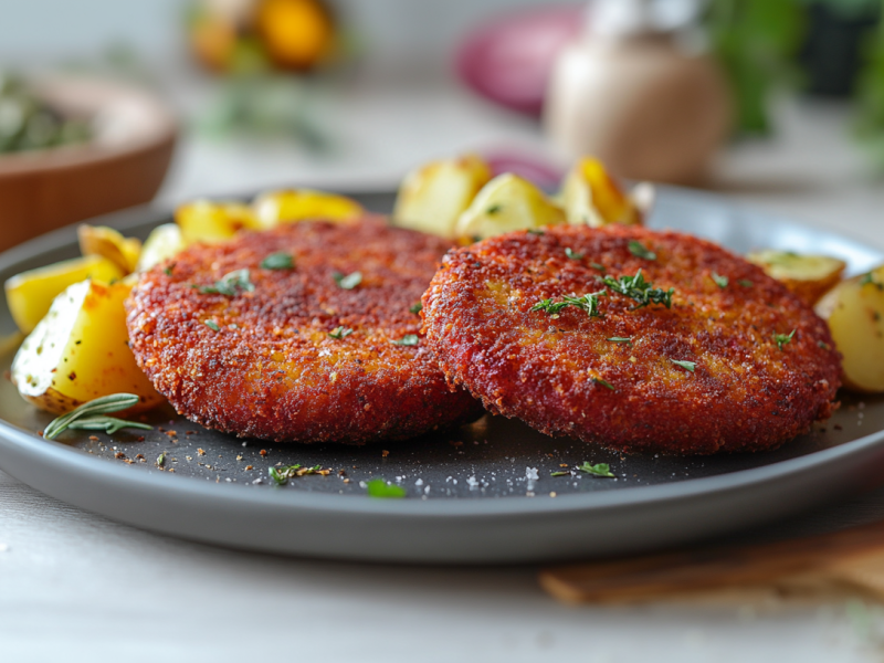 2 Rote-Bete-Schnitzel mit Kartoffeln auf einem Teller.