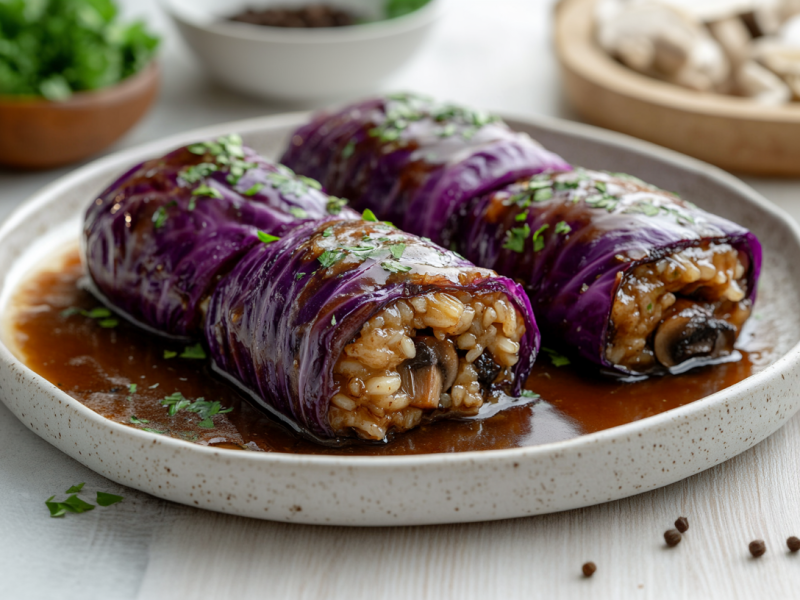 2 Rotkohl-Rouladen in brauner SoÃŸe gefÃ¼llt mit Reis und Pilzen auf einem Teller. Drumherum Zutaten.