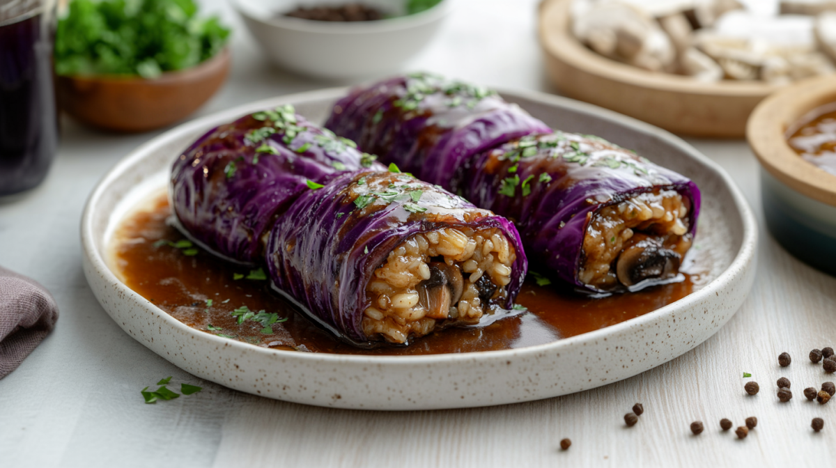 2 Rotkohl-Rouladen in brauner SoÃŸe gefÃ¼llt mit Reis und Pilzen auf einem Teller. Drumherum Zutaten.