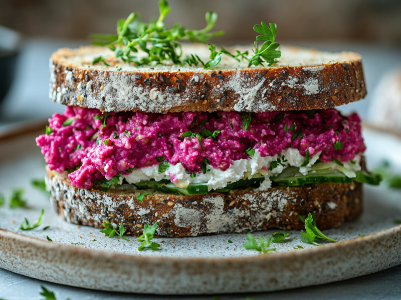 Ein Sandwich mit Rote-Bete-Hummus, Salat und Frischkäse auf einem Teller.