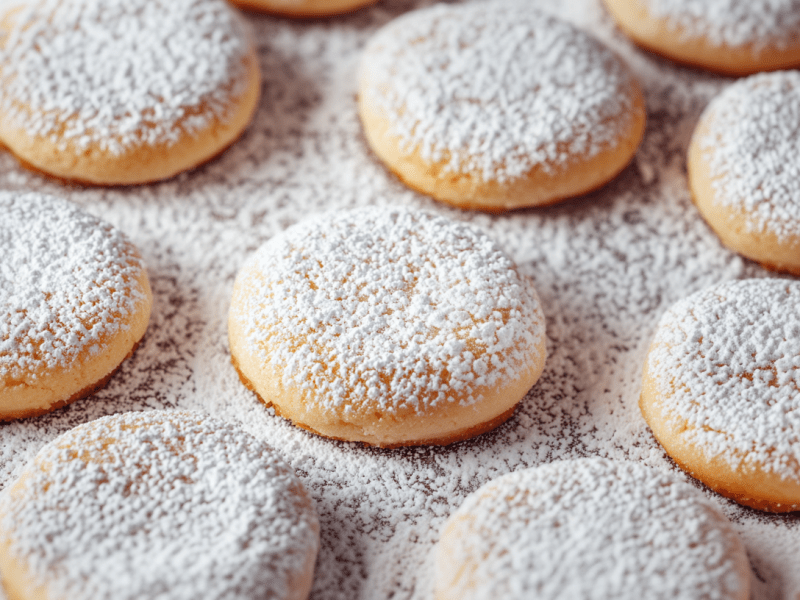 Schneeflocken-Plätzchen mit Puderzucker bestreut, Nahaufnahme.