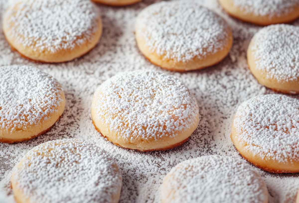 Schneeflocken-Plätzchen mit Puderzucker bestreut, Nahaufnahme.