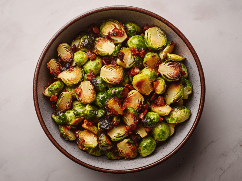 Eine Schüssel gebackener Smashed Rosenkohl in der Draufsicht.