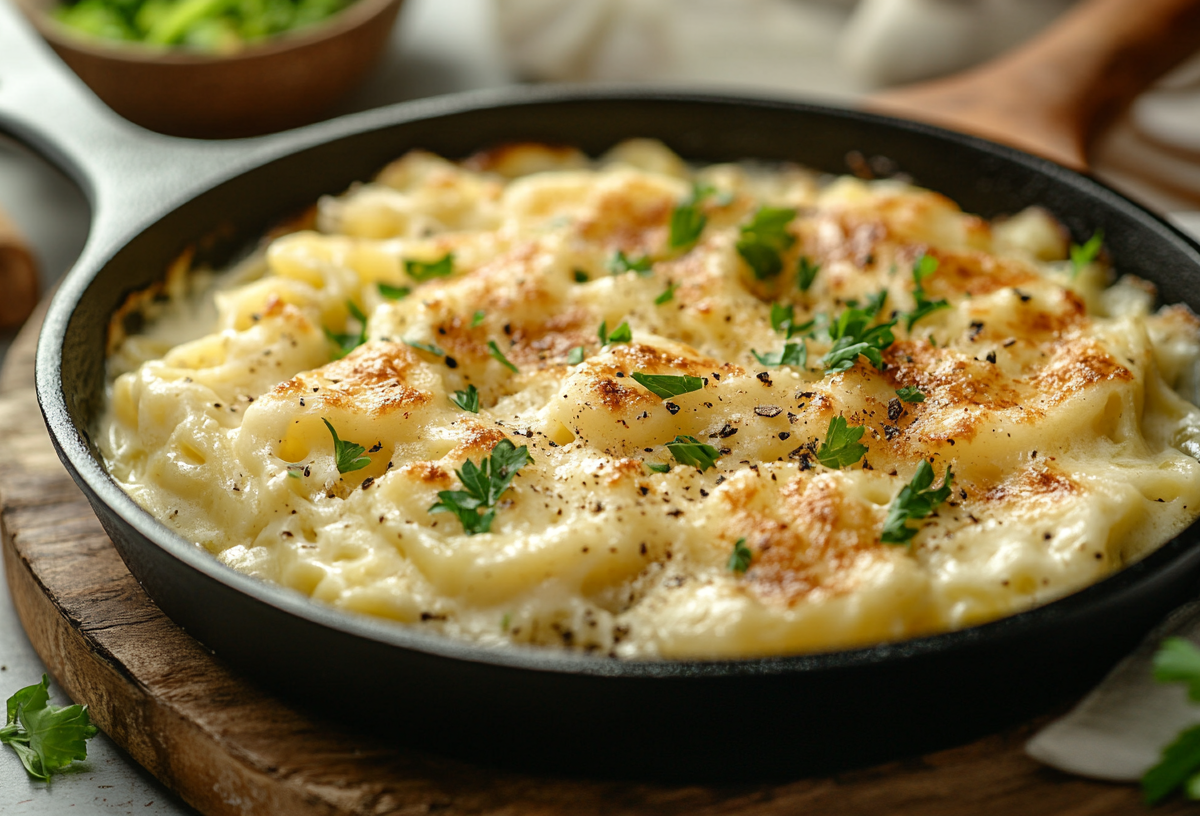 Spätzle-Kohl-Pfanne in einer gusseisernen Pfanne auf einem Holzbrett.