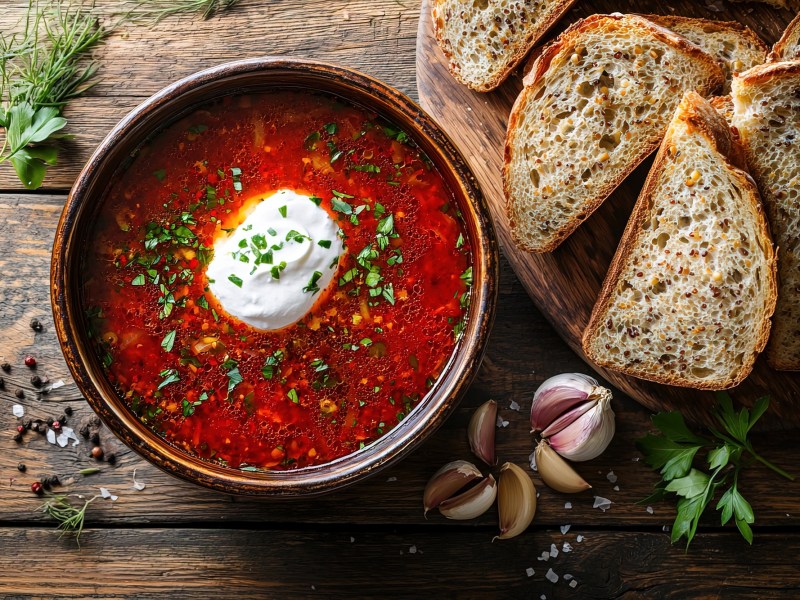 Schale mit vegetarischem Borschtsch, Brot daneben