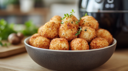 Eine Schale mit Arancini aus der Heißluftfritteuse, im Hintergrund unscharf eine Fritteuse.