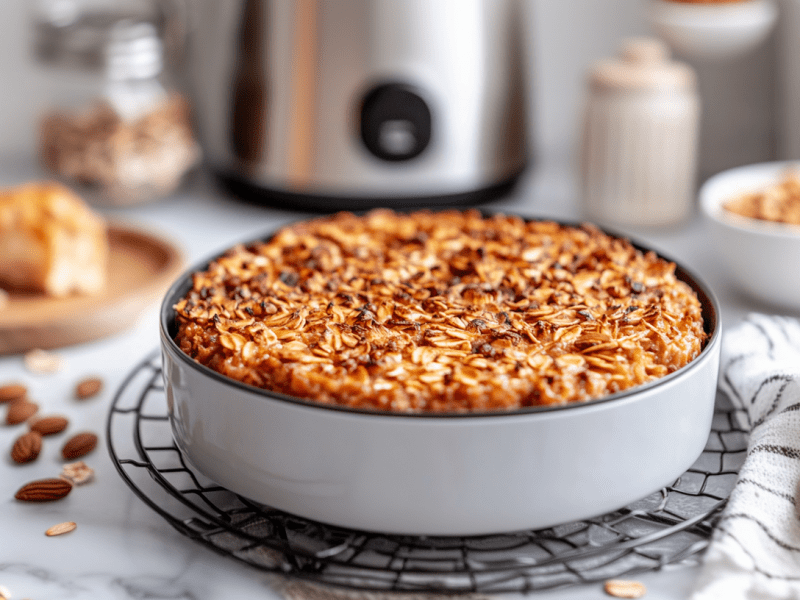 Baked Oats aus der HeiÃŸluftfritteuse in einer runden Form-. Im Hintergrund ist ein Airfryer.