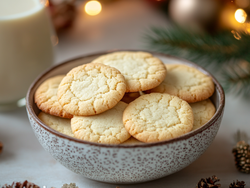 Eine Schale EierlikÃ¶r-PlÃ¤tzchen, drumherum ein paar Weihnachtsdekoartikel.