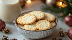 Eine Schale Eierlikör-Plätzchen, drumherum ein paar Weihnachtsdekoartikel.