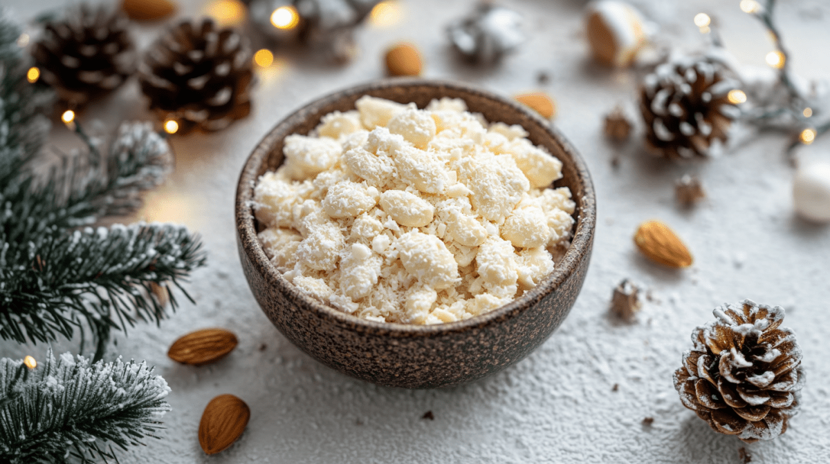 Gebrannte Raffaello-Mandeln in einer SchÃ¼ssel, die von Weihnachtsdekoartikeln umrahmt ist.