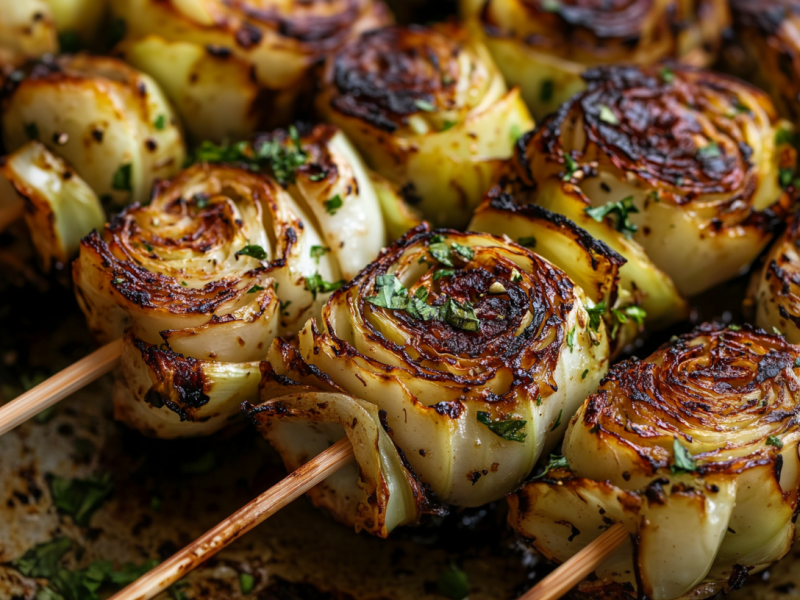 Nebeneinander liegende, gegrillte KohlspieÃŸe.