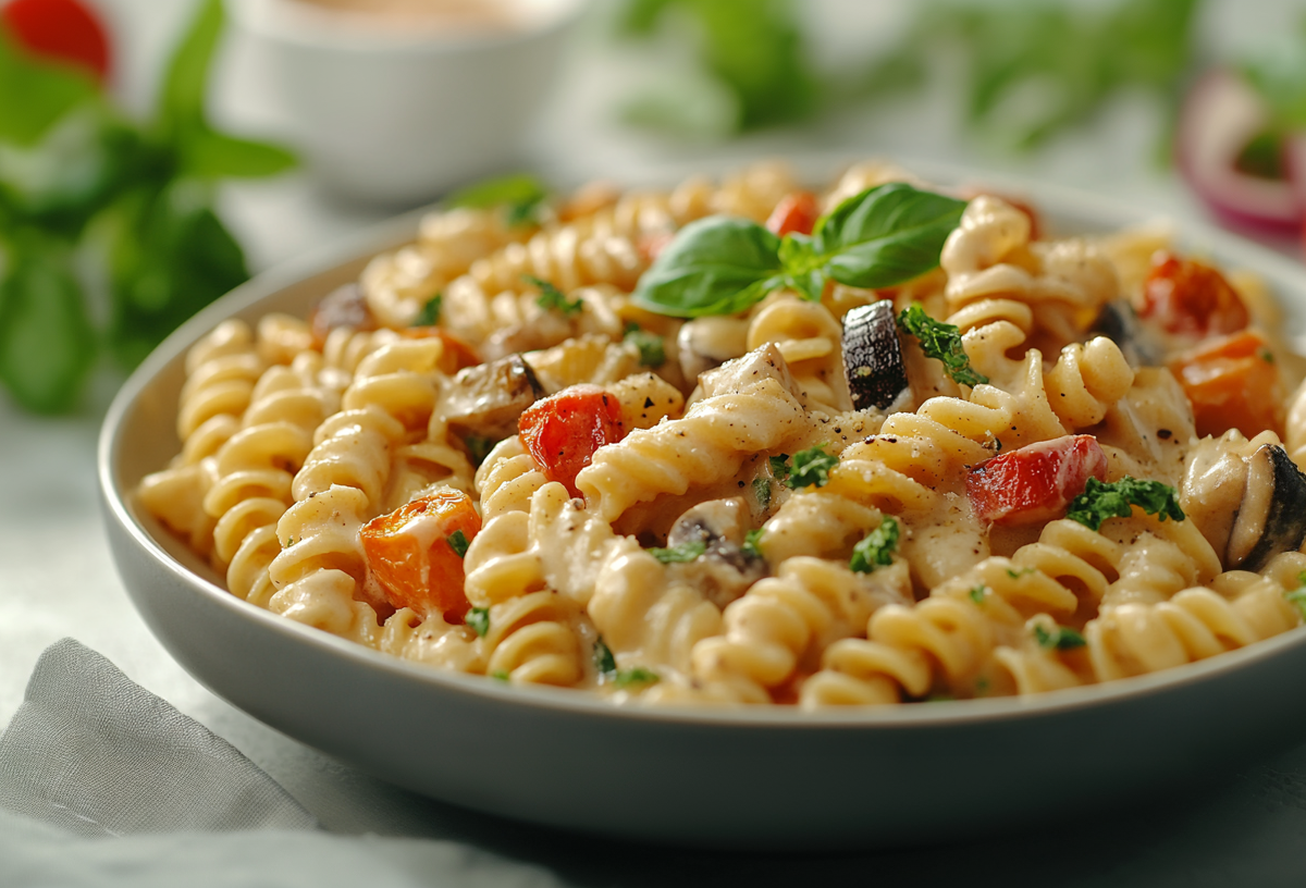 Ein Teller GemÃ¼sepasta mit Ricotta, dekoriert mit Basilikum.