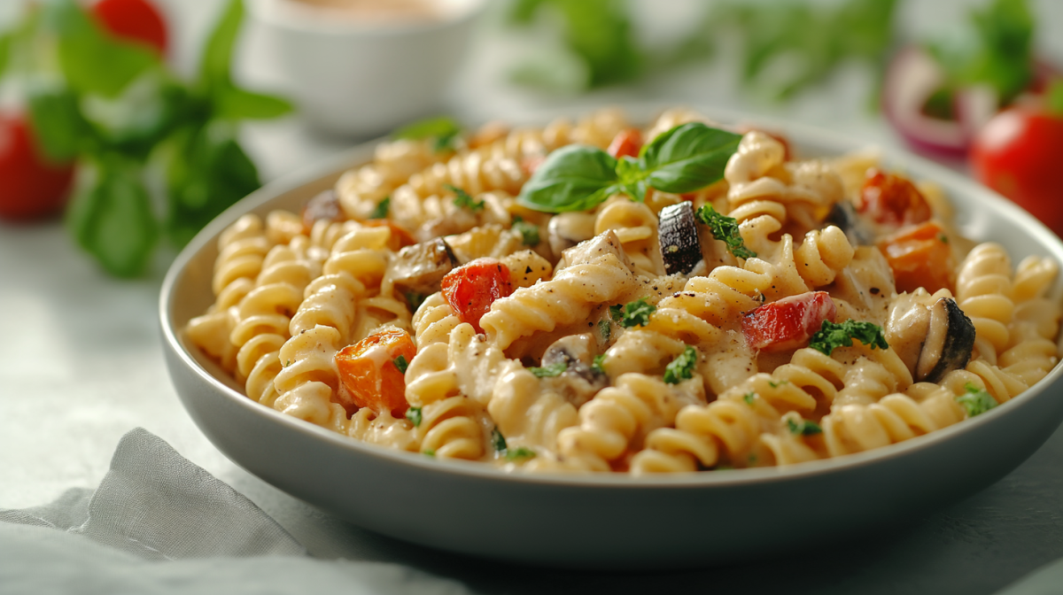 Ein Teller GemÃ¼sepasta mit Ricotta, dekoriert mit Basilikum.