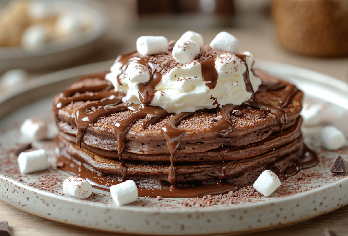 Heiße-Schokolade-Pancakes mit Marshmallow, Sahne und Schokosoße auf einem Teller.