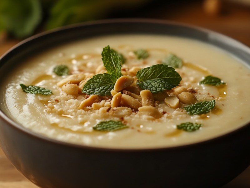 Eine SchÃ¼ssel Kohlrabi-Kokos-Suppe mit ErdnÃ¼ssen und Minze.