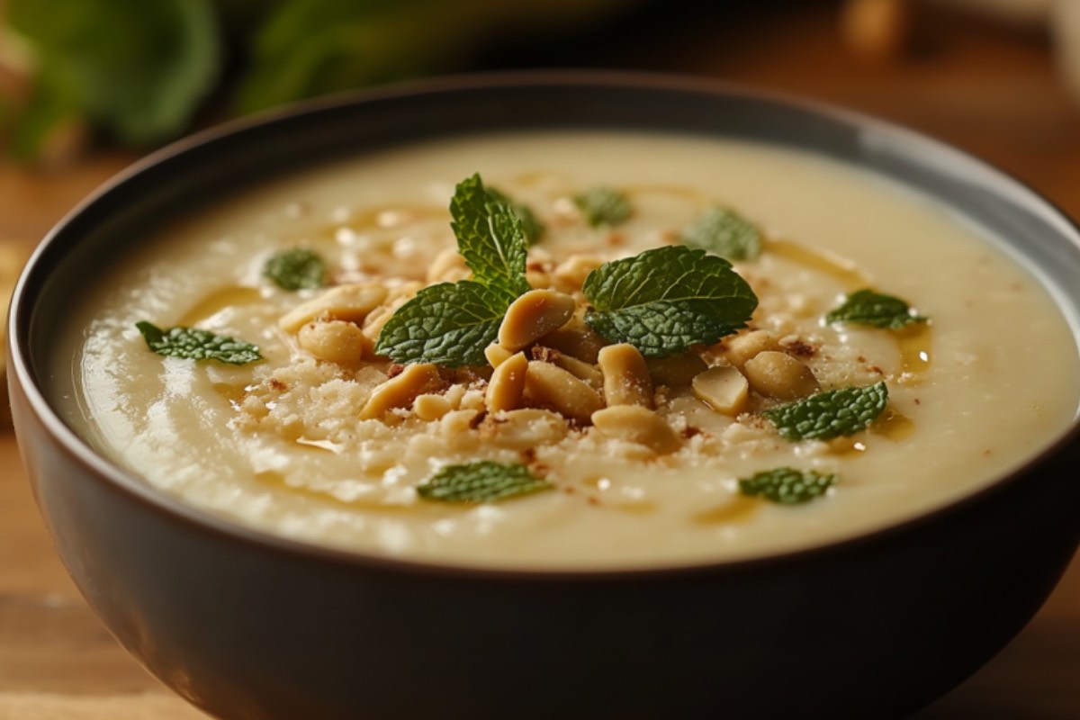 Eine SchÃ¼ssel Kohlrabi-Kokos-Suppe mit ErdnÃ¼ssen und Minze.