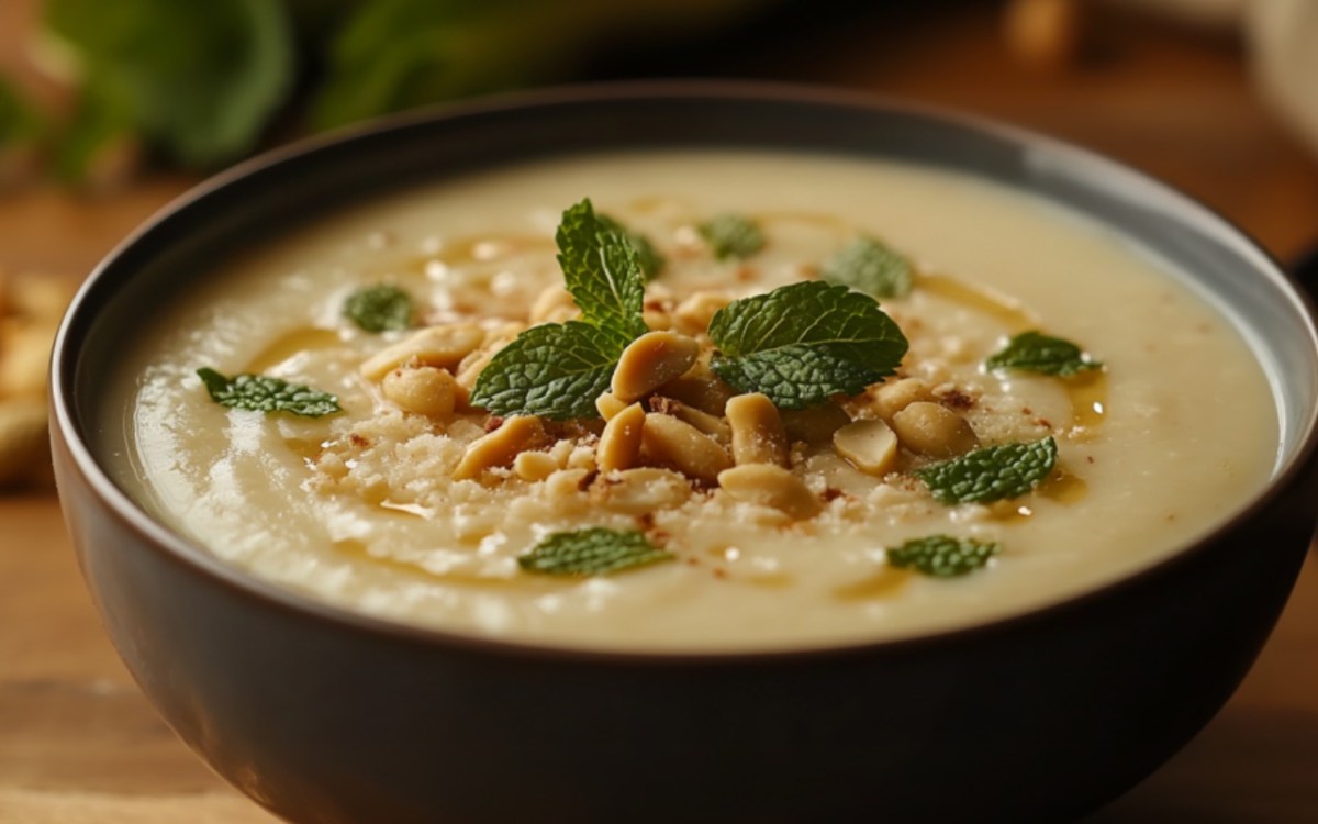 Eine SchÃ¼ssel Kohlrabi-Kokos-Suppe mit ErdnÃ¼ssen und Minze.