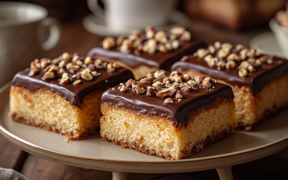 Vier StÃ¼cke Nusskuchen vom Blech mit Schokoglasur.