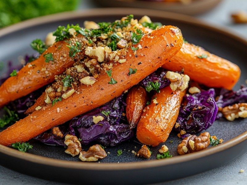 Teller mit Ofenkarotten mit Rotkohl und NÃ¼ssen