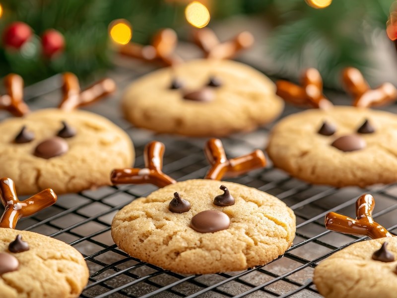 Ein Kuchengitter mit Rentier-Cookies, runde Kekse mit dekoriertem Gesicht und Salzstangen-Geweih.