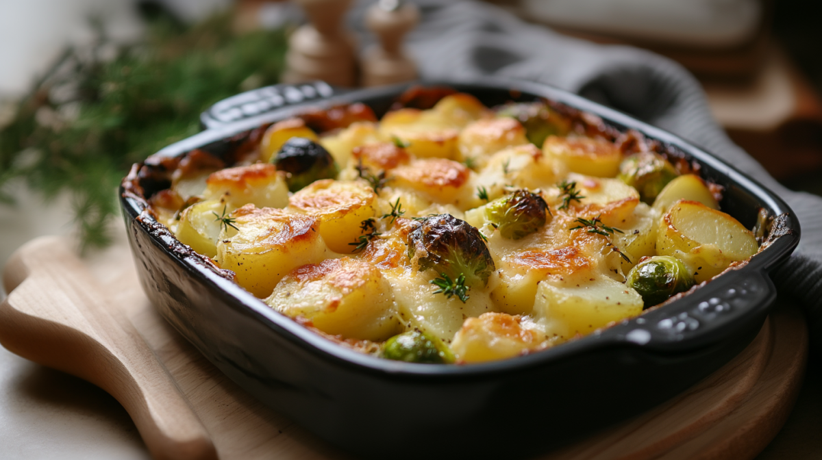 Rosenkohl-Kartoffelauflauf mit KÃ¤se Ã¼berbacken in dunkler Auflaufform.