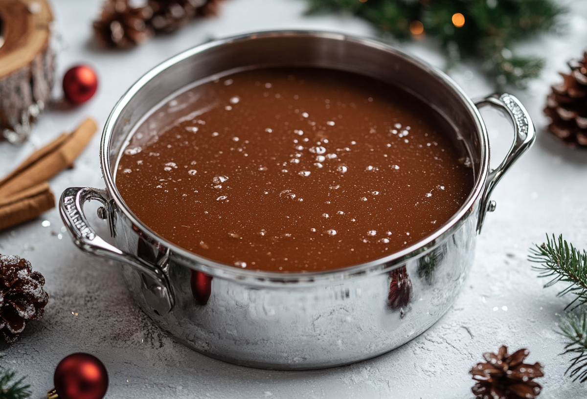 Schnelle BratensoÃŸe in einem Topf, umringt von Weihnachtsdeko.