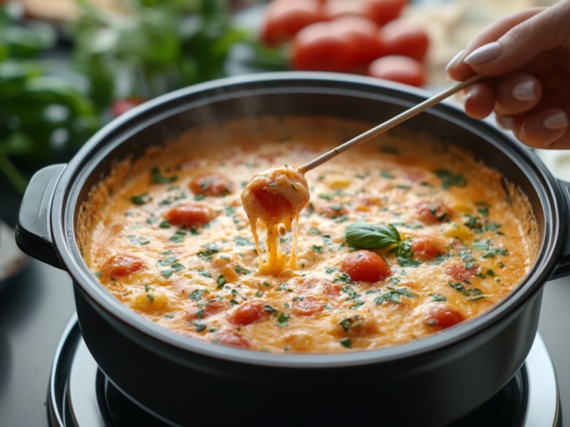 In ein Tomaten-KÃ¤se-Fondue wird eine Gabel mit Brot getunkt.