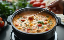 In ein Tomaten-Käse-Fondue wird eine Gabel mit Brot getunkt.