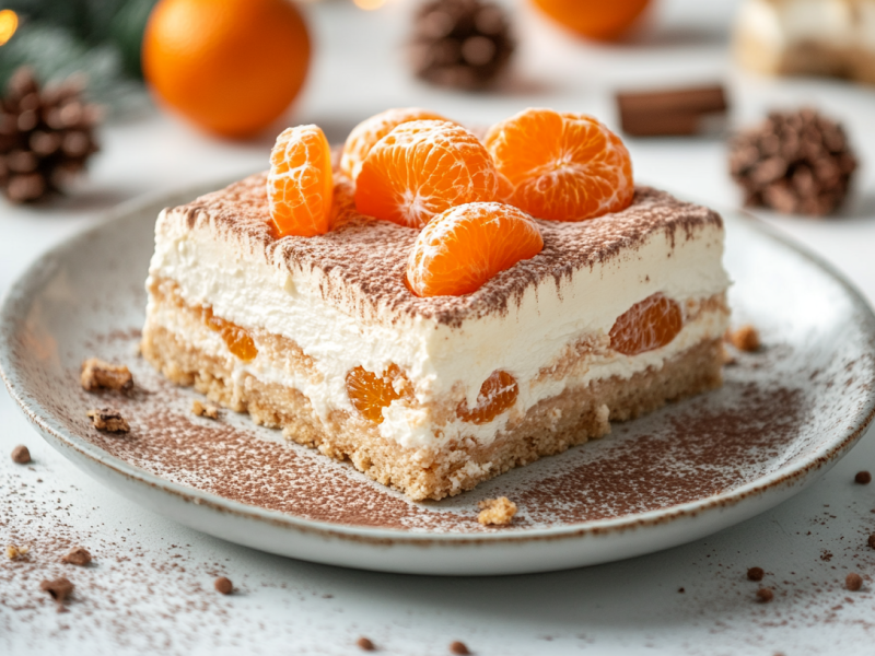 ein StÃ¼ck Weihnachts-Tiramisu mit Mandarinen auf einem Teller, drumherum Weihnachtsdeko.