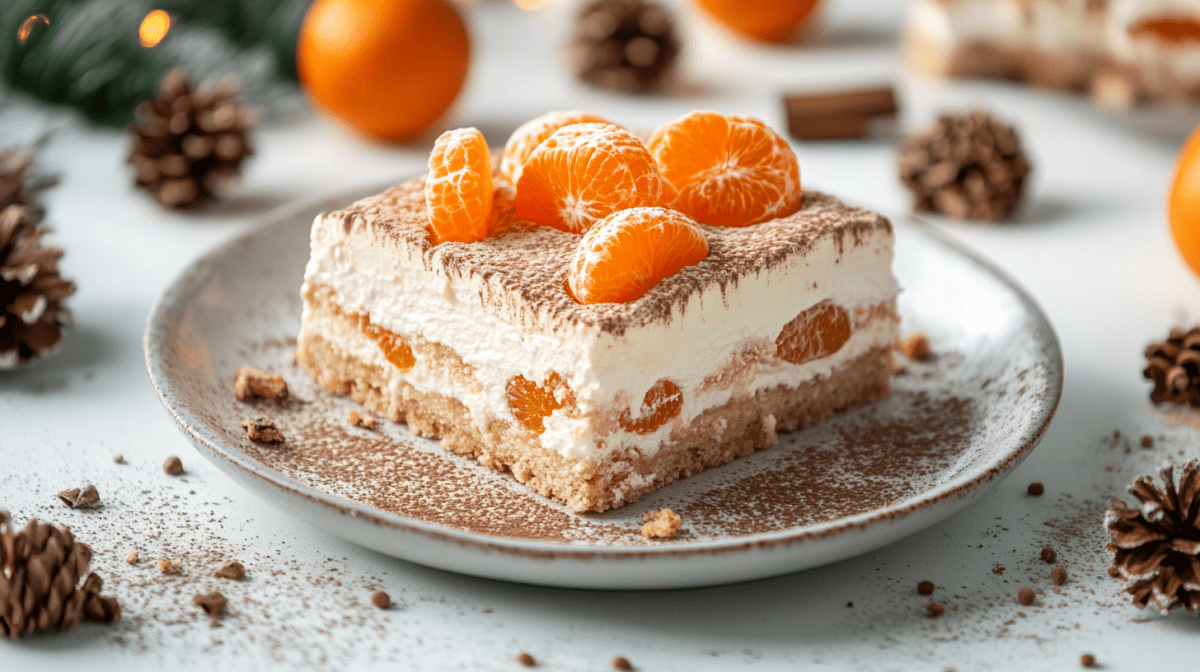 ein StÃ¼ck Weihnachts-Tiramisu mit Mandarinen auf einem Teller, drumherum Weihnachtsdeko.