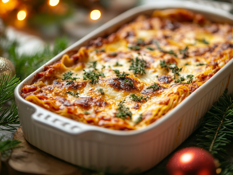 Serviere eine Weihnachtslasagne mit GlÃ¼hweinsoÃŸe an Heiligabend