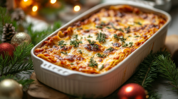 Weihnachtslasagne in weißer Auflaufform, umgeben von Weihnachtsdekoration.