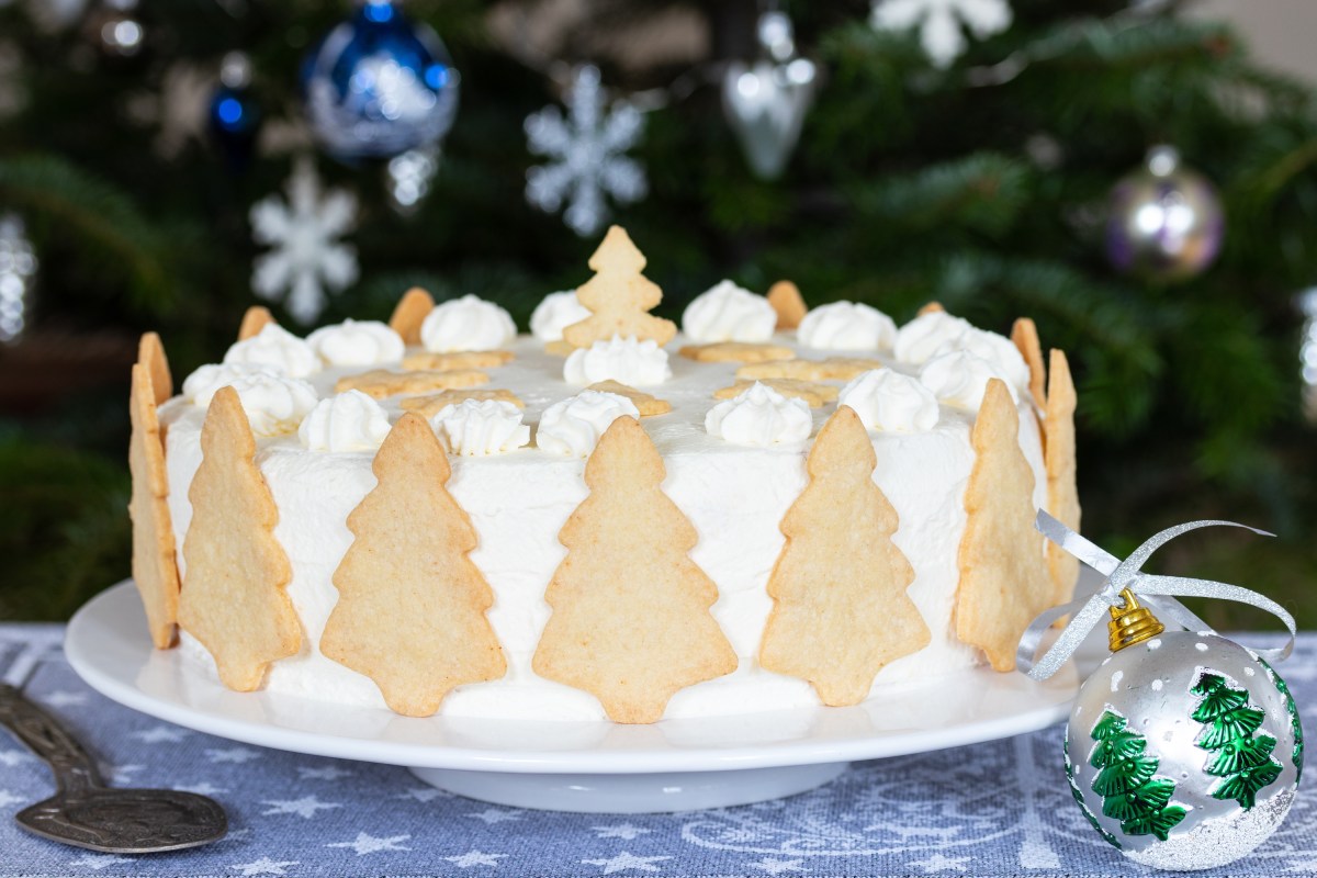 Eine Weihnachtstorte mit PlÃ¤tzchen.