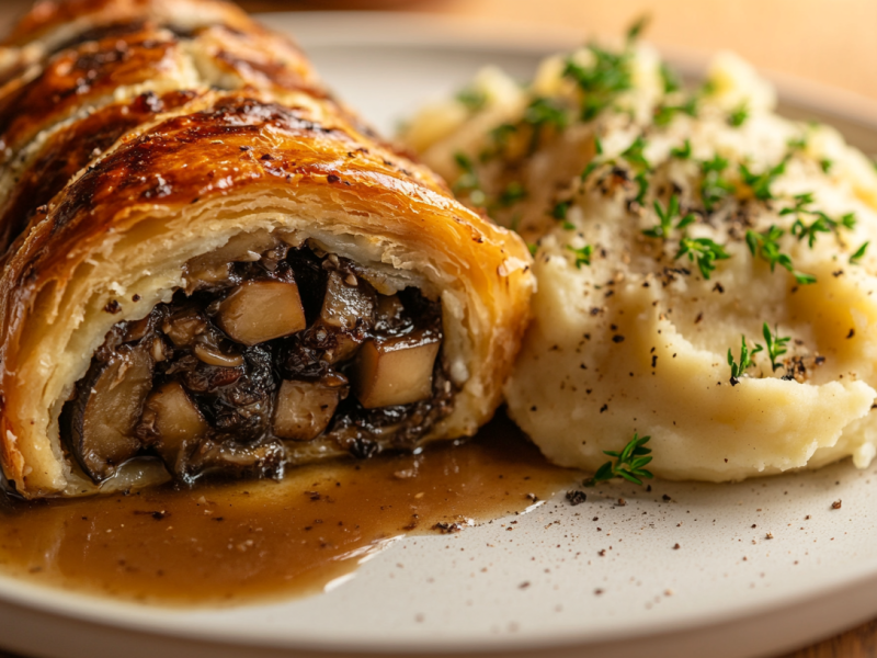 Ein Teller mit Wellington-Braten mit PilzfÃ¼llung, KartoffelpÃ¼ree und SoÃŸe.