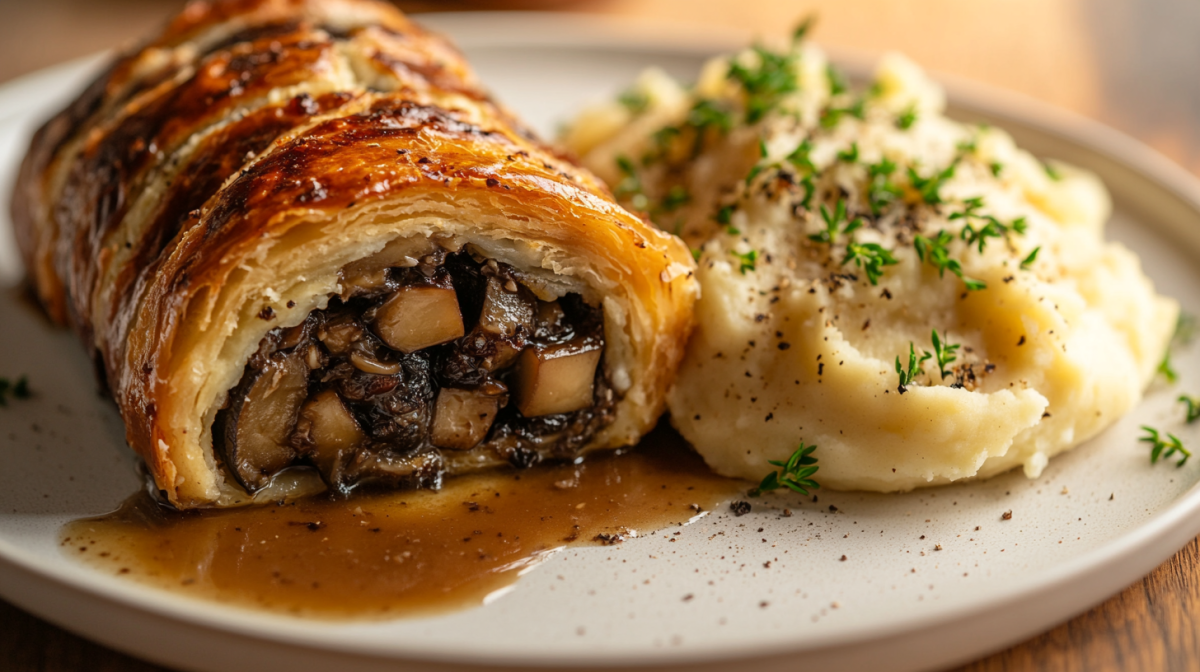 Ein Teller mit Wellington-Braten mit PilzfÃ¼llung, KartoffelpÃ¼ree und SoÃŸe.