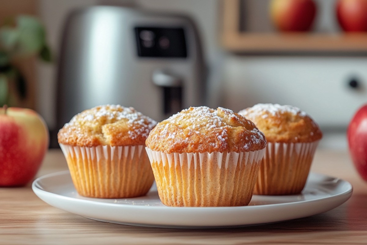 Mehrere Apfelmuffins aus der Heißluftfritteuse auf einem Teller. Im Hintergrund sind der Airfryer und frische Äpfel zu sehen.