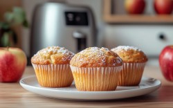 Mehrere Apfelmuffins aus der Heißluftfritteuse auf einem Teller. Im Hintergrund sind der Airfryer und frische Äpfel zu sehen.