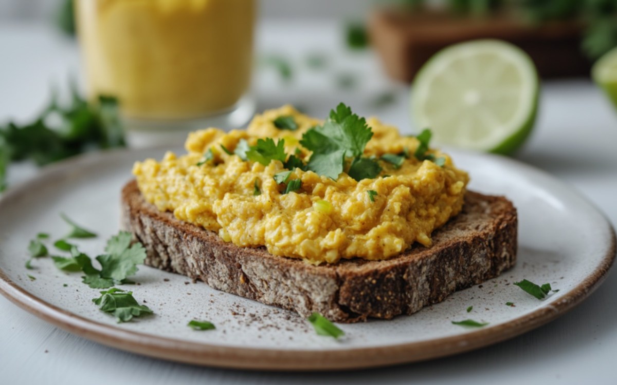 Eine Scheibe Brot mit Blumenkohl-Aufstrich mit Curry und Limette auf einem Teller.