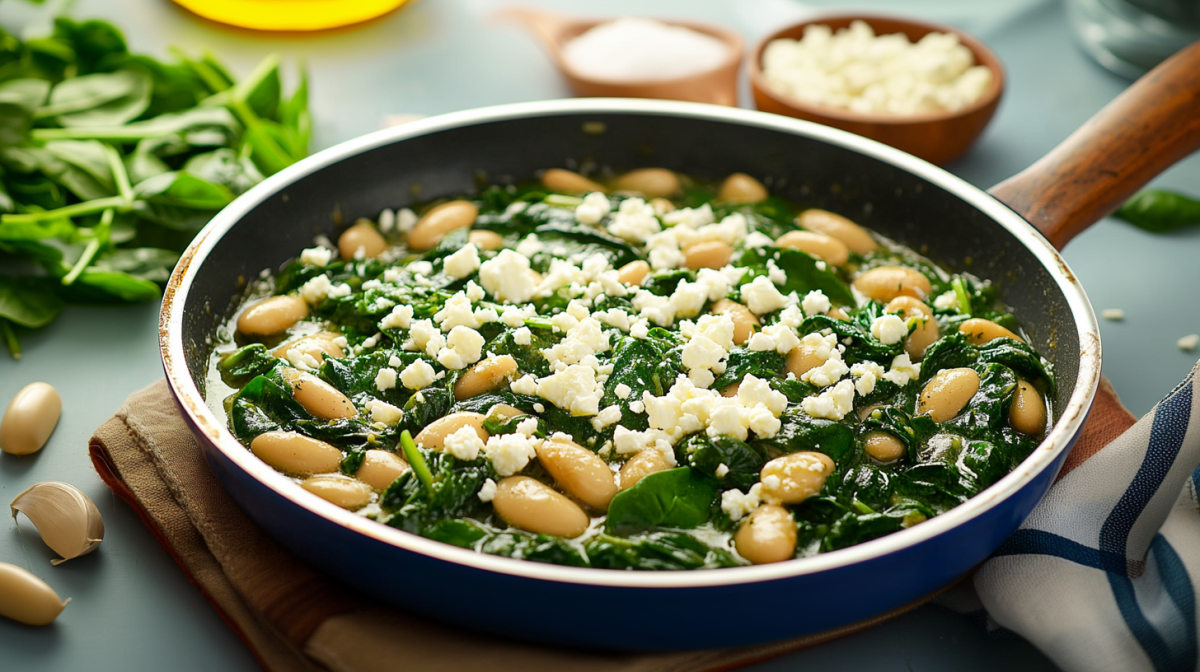 Bohnenpfanne mit Spinat und Feta. Drum herum liegen Zutaten.