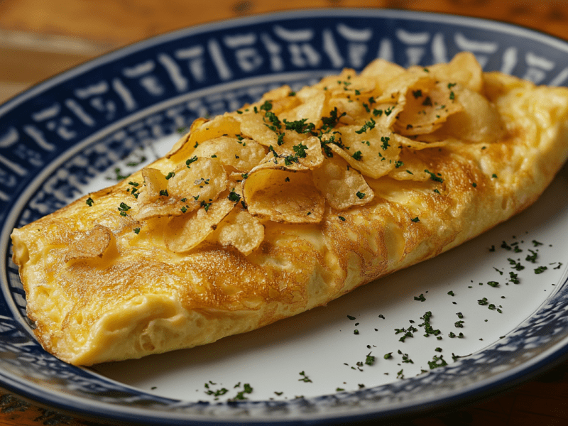 Boursin-Omelett mit Kartoffelchips auf einem blau gemusterten Teller.