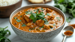 Eine Schale Butter-Chicken-Suppe garniert mit Koriander, daneben ein Löffel und einige Gewürze.