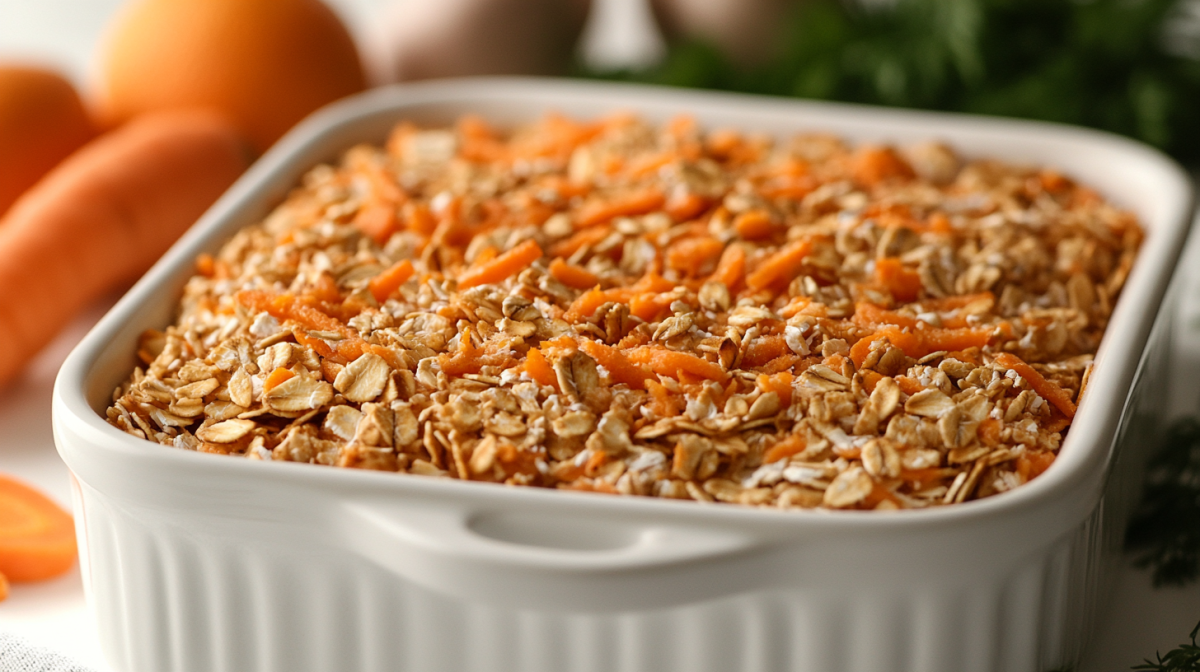 WeiÃŸe Auflaufform mit Carrot Cake Baked Oats. Im Hintergrund sind verschwommen ein paar Karotten zusehen.