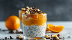 Ein kleines Glas voll Chia-Pudding mit Mandarinenpüree getoppt mit gehackten Haselnüssen und Schokoladenstückchen. Um das Glas herum liegen gehackte Haselnüsse und gehackte Schokolade verstreut. In Hintergrund kann man ein weiteres Glas mit Chia-Pudding mit Mandarinenpüree erkennen und es liegt ein Mandarine herum sowie ein Viertel einer Orange.