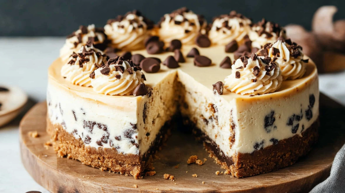 Cookie Dough Cheesecake, von dem ein Stück abgeschnitten wurde.