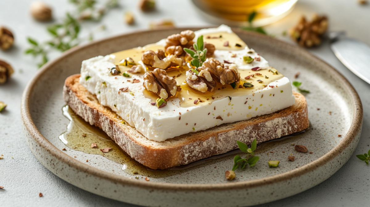 Ein Feta-Toast mit Walnüssen und Pistazien auf einem Teller, drumherum Minze und gehackte Nüsse.