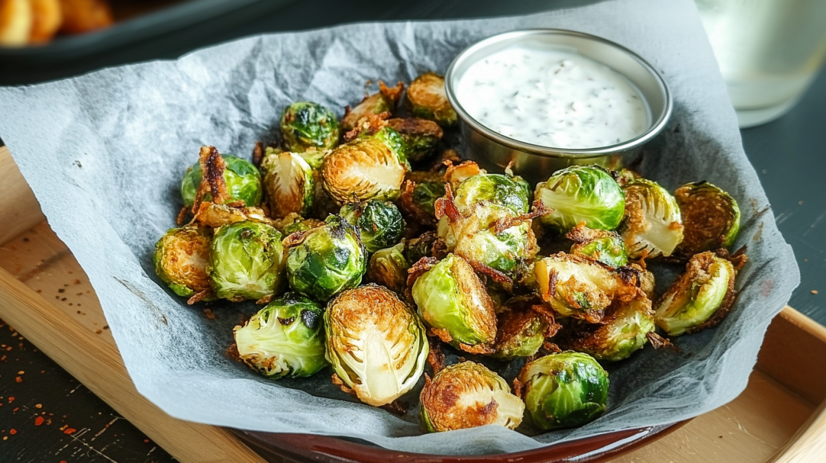 Frittierter Rosenkohl auf einem Stück Backpapier, serviert mit einem Joghurt-Dip.