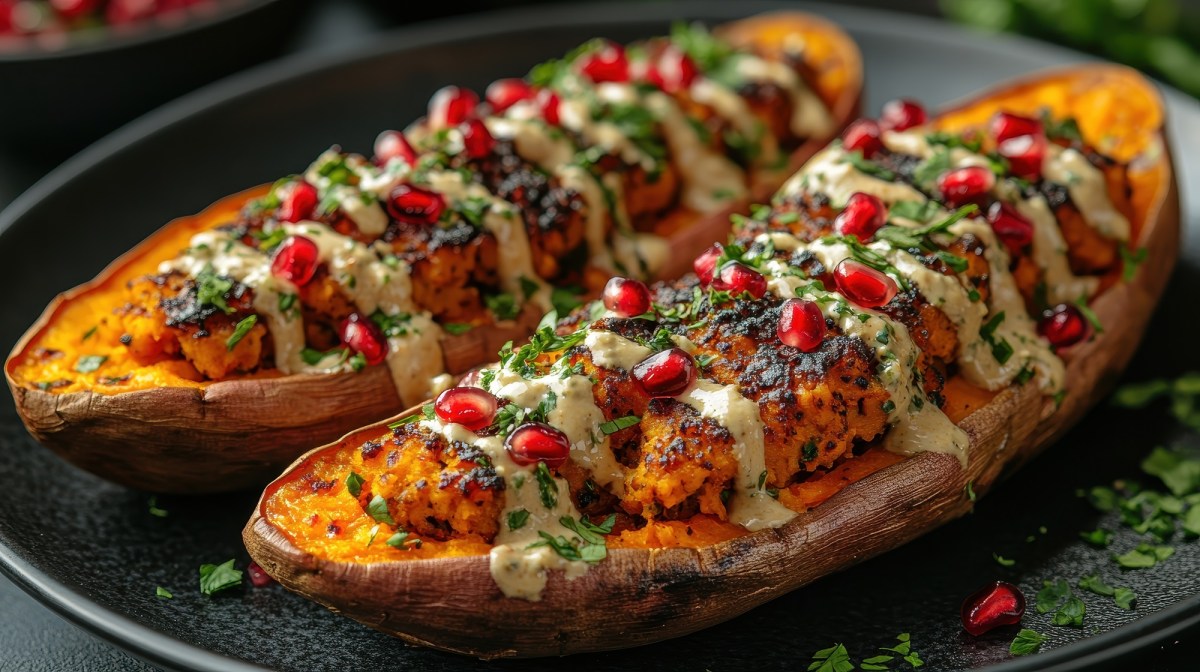 Zwei gefüllte Süßkartoffeln mit Tahinisoße liegen auf einem schwarzen Teller. Sie sind mit Falafel gefüllt, mit Tahinisoße übergossen und mit Granatapfelkernen dekoriert.