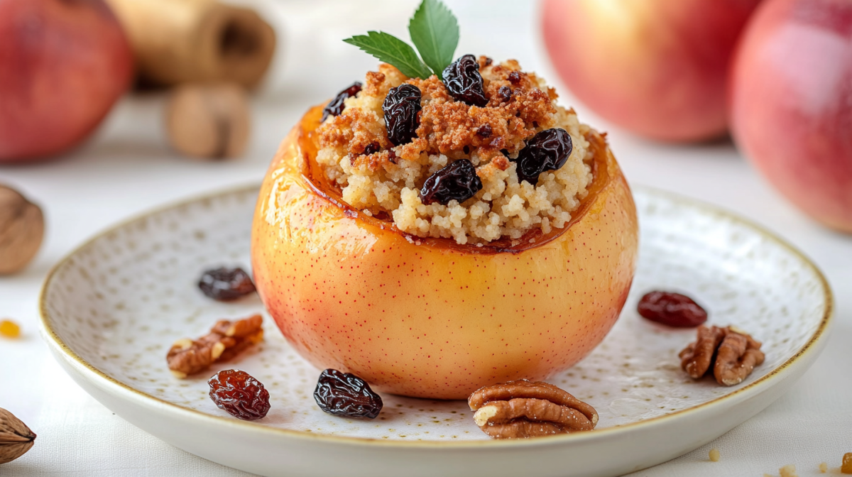 Ein gefüllter Bratapfel mit Couscous, angerichtet auf einem hellen Teller. Er ist mit Rosinen, einigen Nüssen sowie gebratenen Zimt-Semmelbröseln dekoriert. Ein Minzblatt steckt in der Füllung. Im Hintergrund liegen weiter Äpfel und eine Zimtstange.