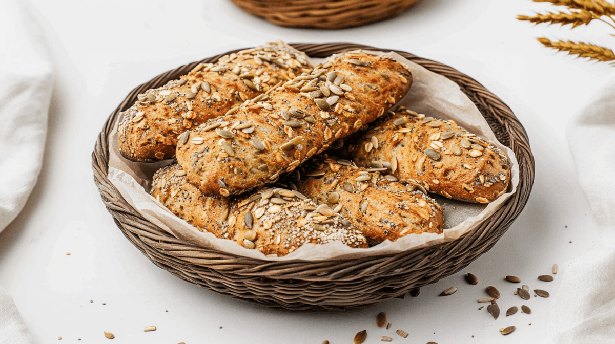 Ein Brotkorb aus Holz mit einigen goldbraun gebackenen Haferflocken-Stangen, die mit verschiedenen Kernen und Samen ummantelt sind. Der Brotkorb steht auf einem hellen, ringsum liegen Kerne verstreut. Im Hintergrund ist verschwommen ein kleines Stück eines weiteren Brotkorbs zu sehen.